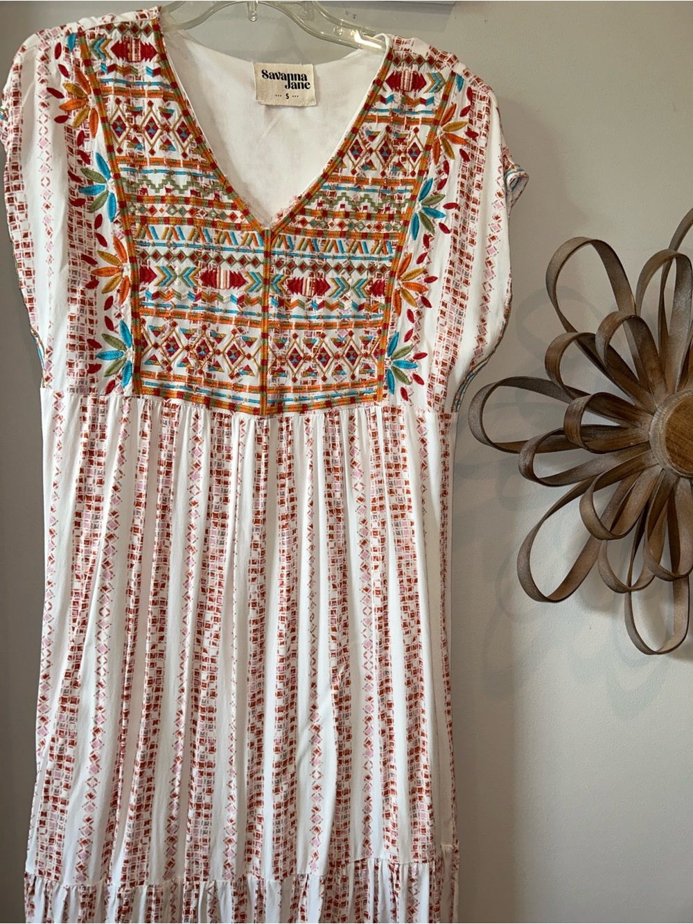 Savanna Jane White Midi Dress with Turquoise & Orange Embroidery